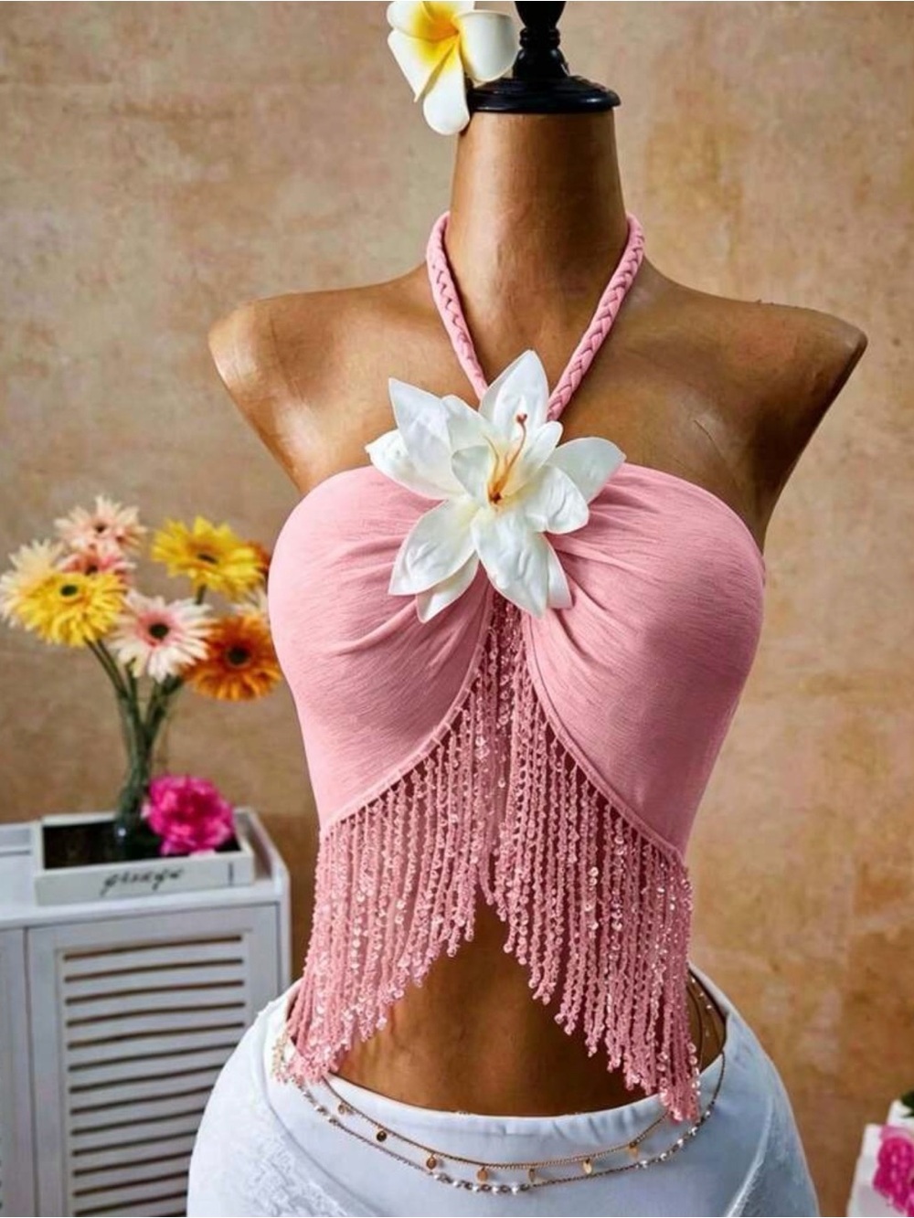 Pink Halter Fringe Crop Top with Floral Accent